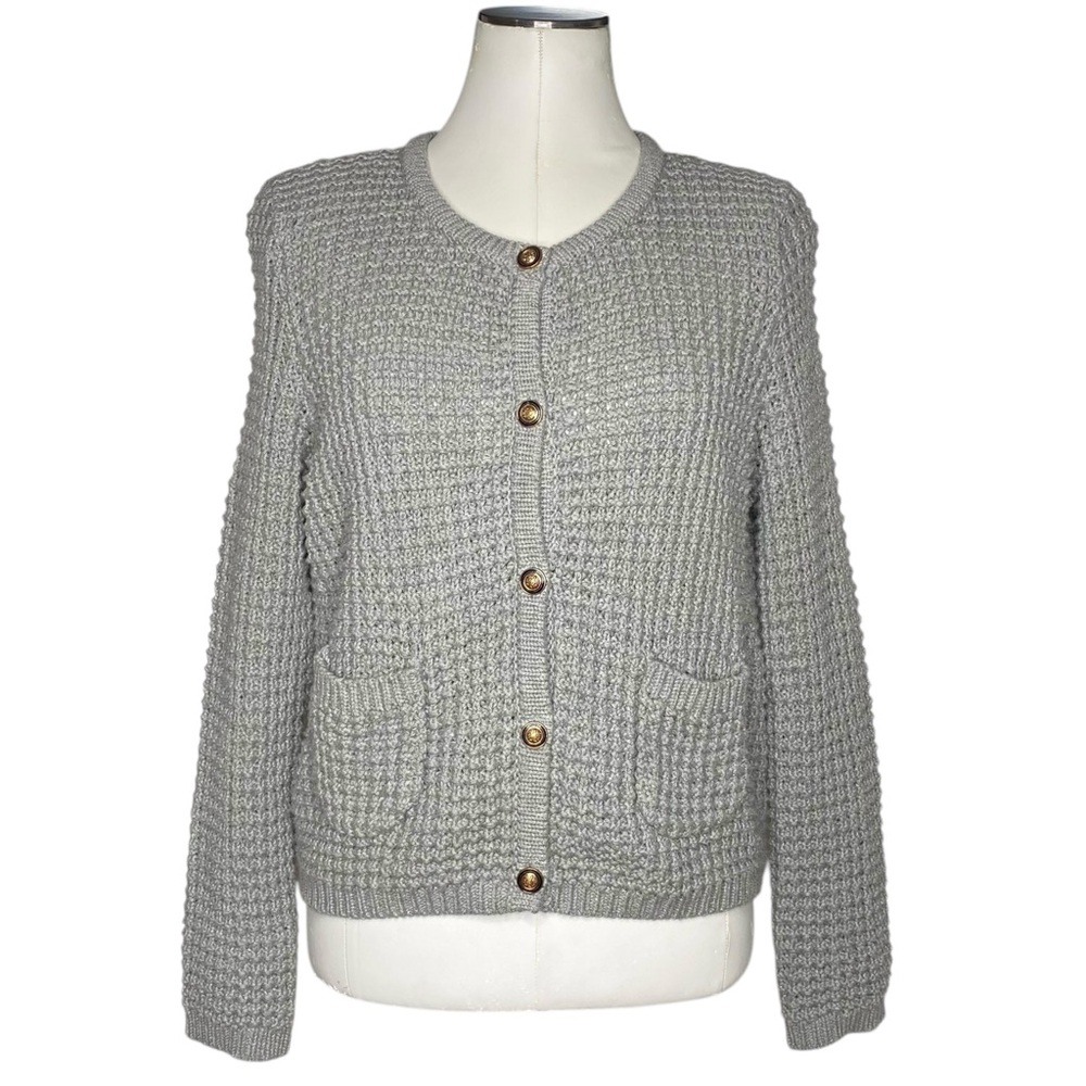 Iris Setlakwe gray textured knit button-front car… - image 1